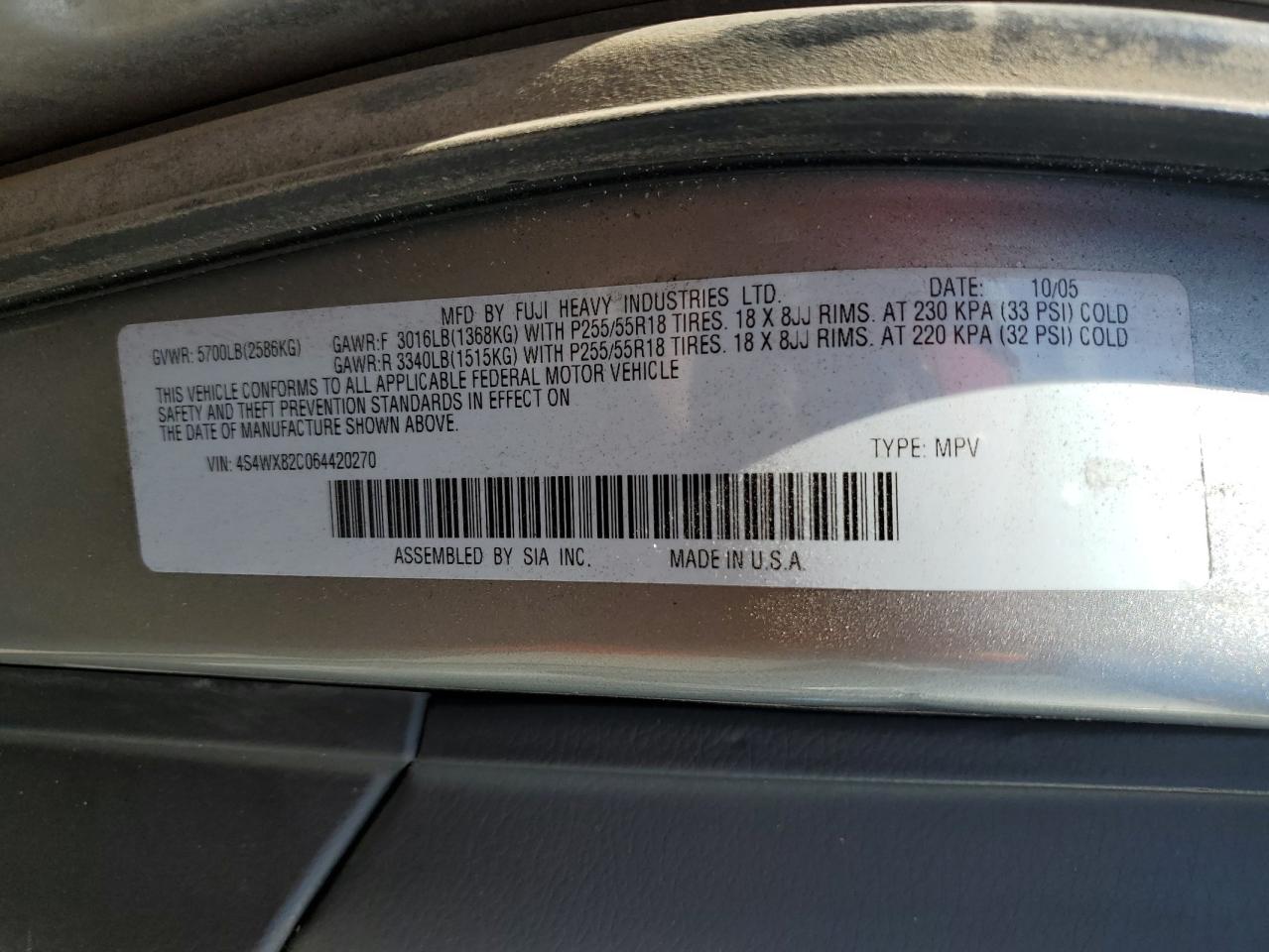 2006 Subaru B9 Tribeca 3.0 H6 VIN: 4S4WX82C064420270 Lot: 63071165
