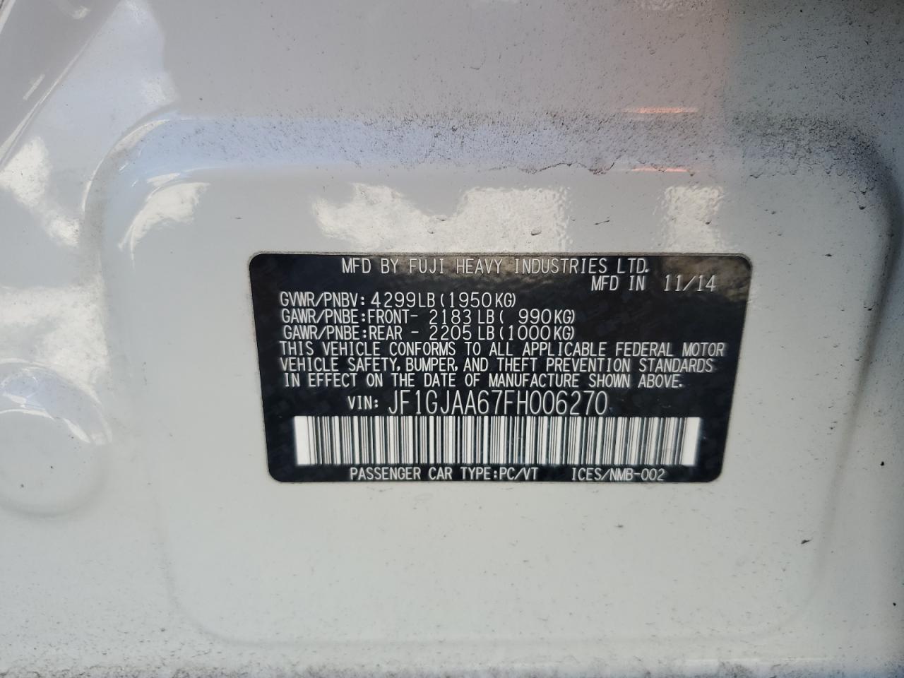 2015 Subaru Impreza VIN: JF1GJAA67FH006270 Lot: 65349895