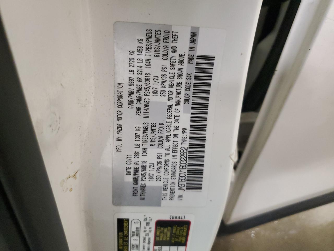 2011 Mazda Cx-9 VIN: JM3TB3CV1B0322852 Lot: 64518875