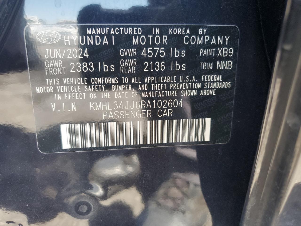 2024 Hyundai Sonata Hybrid VIN: KMHL34JJ6RA102604 Lot: 63694975