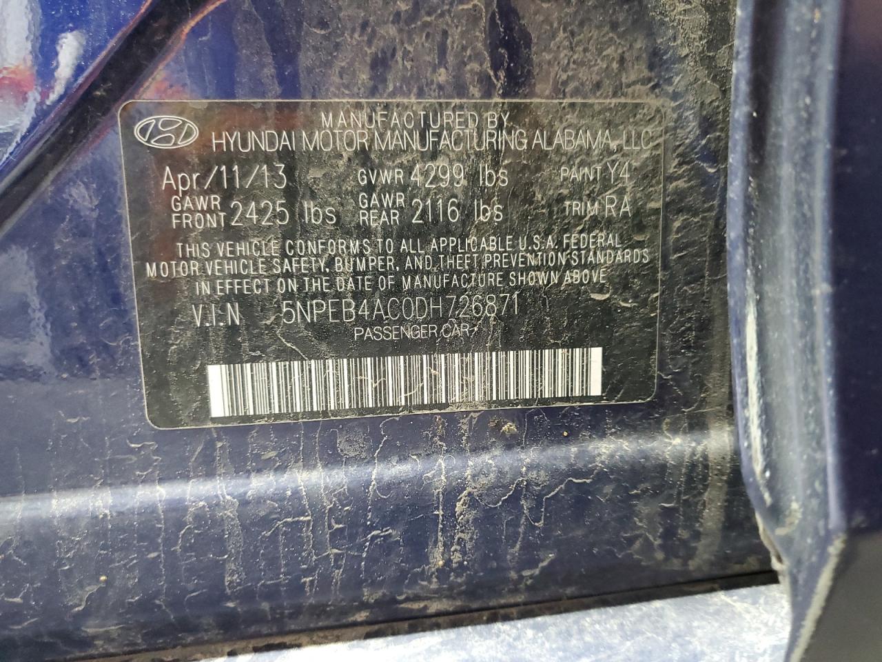 2013 Hyundai Sonata Gls VIN: 5NPEB4AC0DH726871 Lot: 63956225