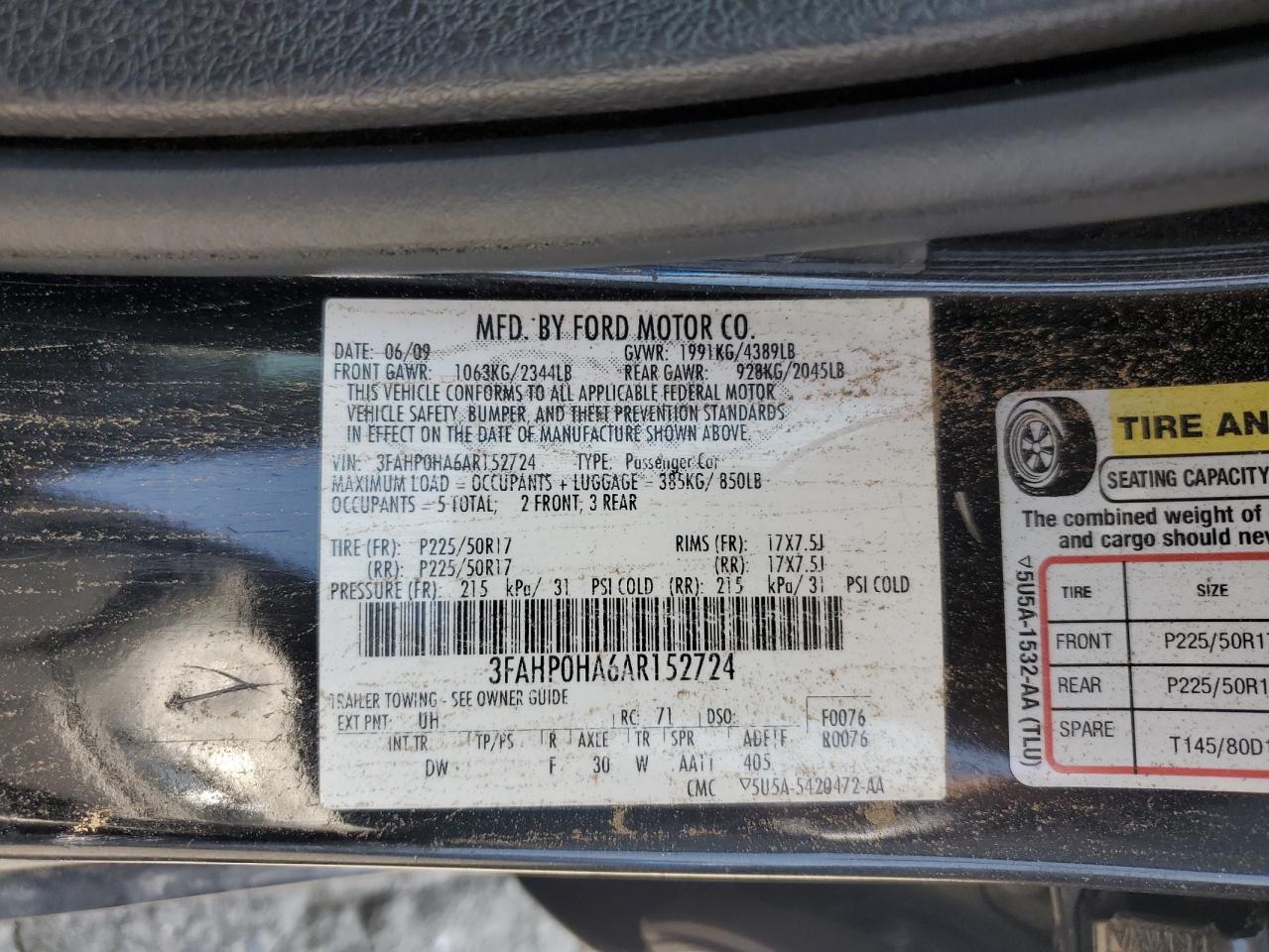 2010 Ford Fusion Se VIN: 3FAHP0HA6AR152724 Lot: 66117915