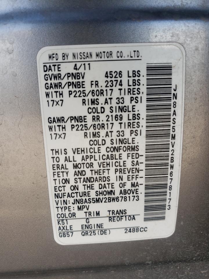 2011 Nissan Rogue S VIN: JN8AS5MV2BW678173 Lot: 63237165