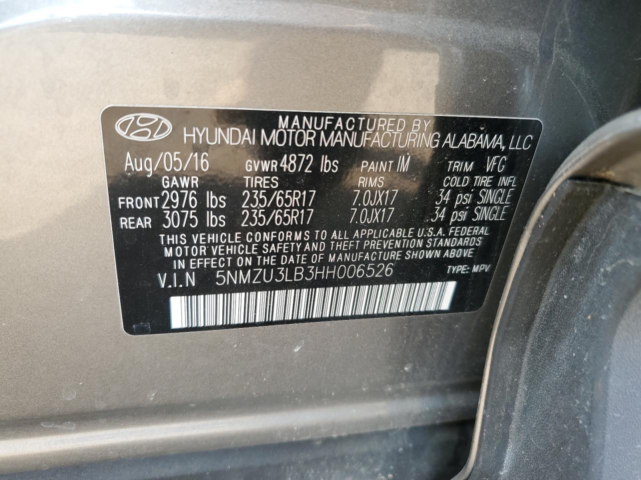 2017 Hyundai Santa Fe Sport VIN: 5NMZU3LB3HH006526 Lot: 60425725