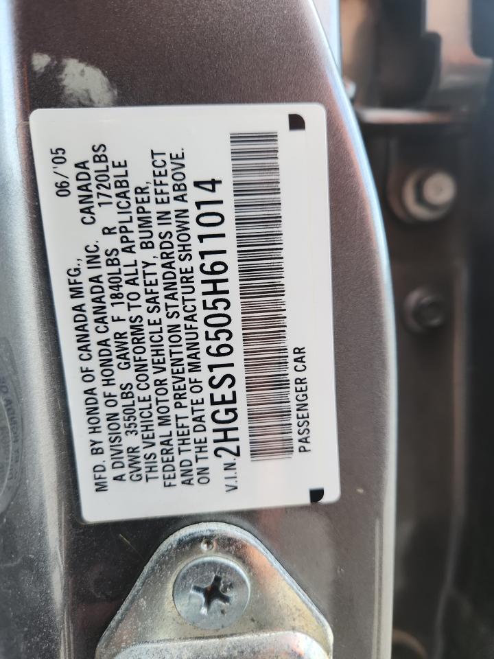 2005 Honda Civic Lx VIN: 2HGES16505H611014 Lot: 65532545