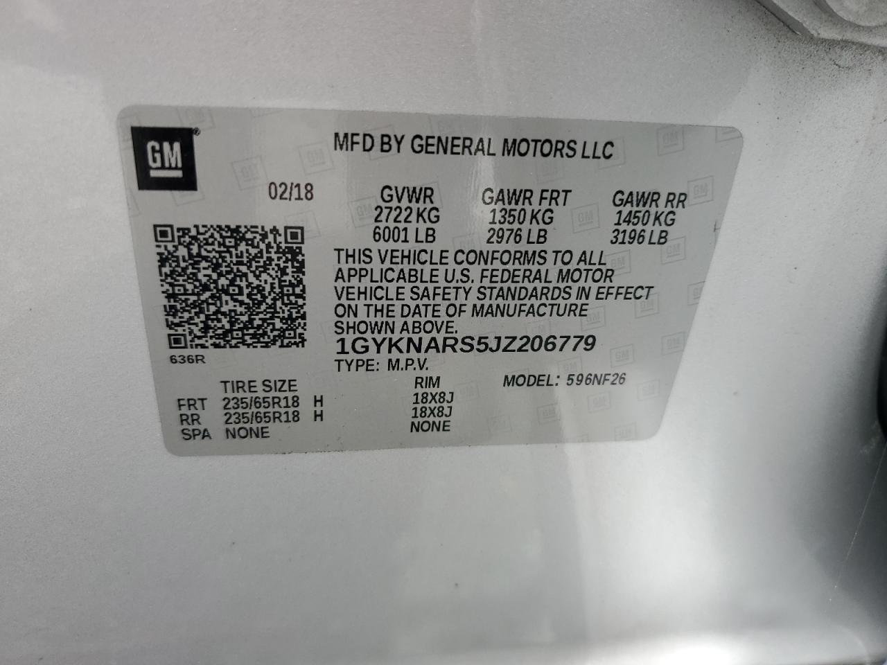 2018 Cadillac Xt5 VIN: 1GYKNARS5JZ206779 Lot: 64364865