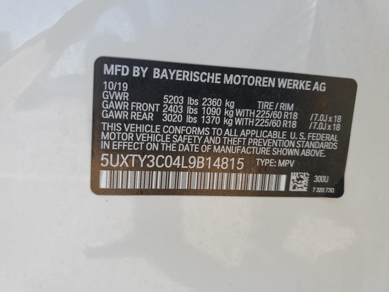 2020 BMW X3 Sdrive30I VIN: 5UXTY3C04L9B14815 Lot: 63414895