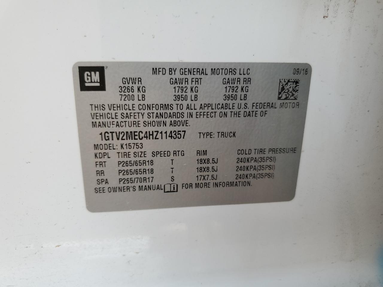 2017 GMC Sierra K1500 Sle VIN: 1GTV2MEC4HZ114357 Lot: 64523015