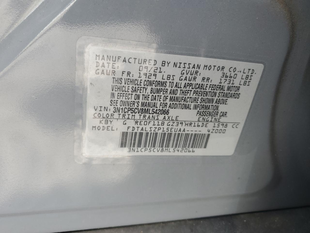 2021 Nissan Kicks Sv VIN: 3N1CP5CV8ML542066 Lot: 63449935