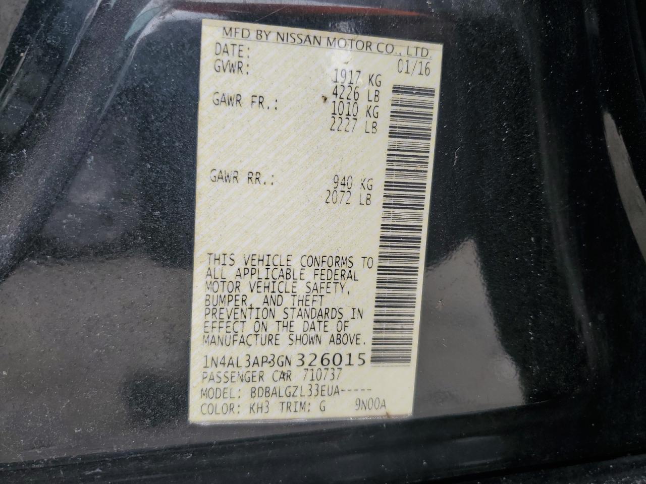 2016 Nissan Altima 2.5 VIN: 1N4AL3AP3GN326015 Lot: 63946425