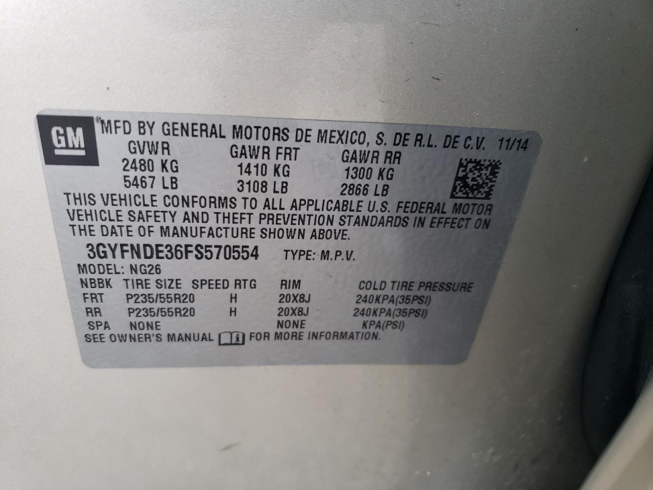 2015 Cadillac Srx Premium Collection VIN: 3GYFNDE36FS570554 Lot: 63881295