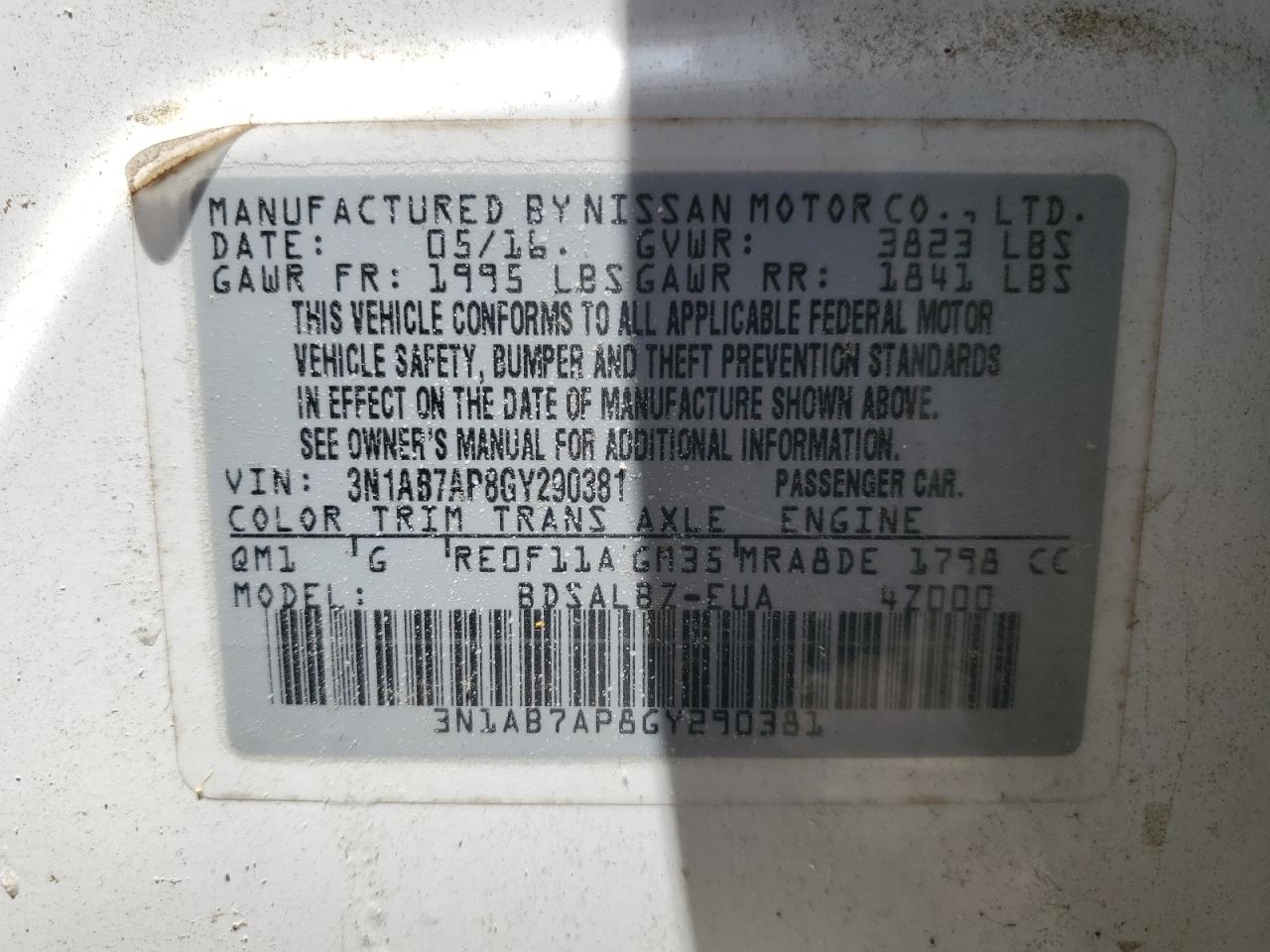 2016 Nissan Sentra S VIN: 3N1AB7AP8GY290381 Lot: 64971745