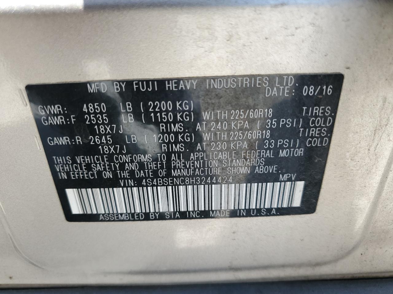 2017 Subaru Outback 3.6R Limited VIN: 4S4BSENC8H3244424 Lot: 63711535