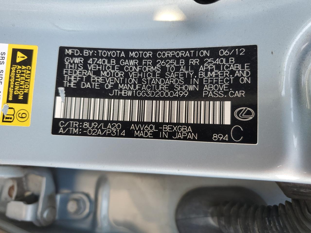 2013 Lexus Es 300H VIN: JTHBW1GG3D2000499 Lot: 61806475