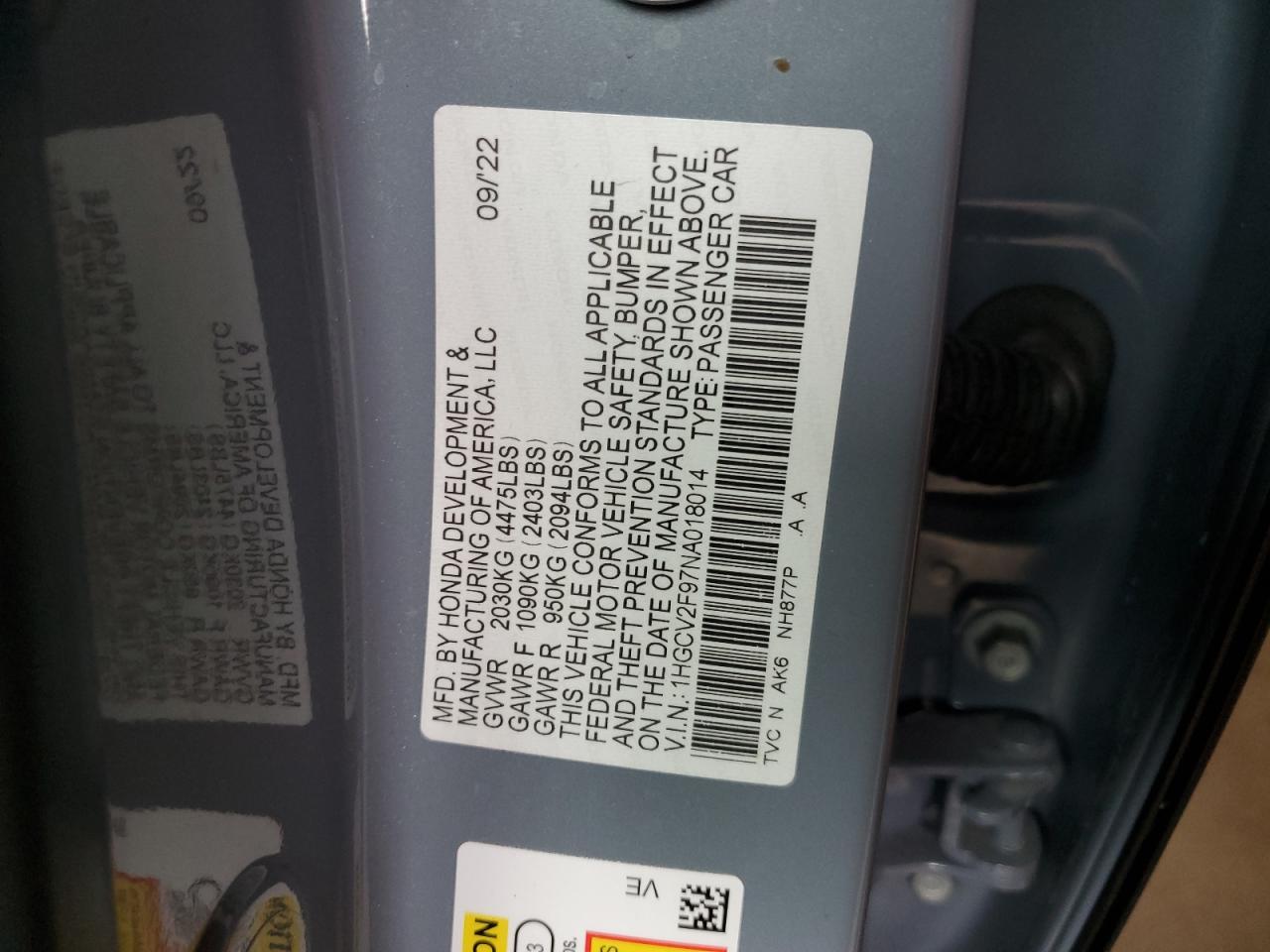 2022 Honda Accord Touring VIN: 1HGCV2F97NA018014 Lot: 63134485
