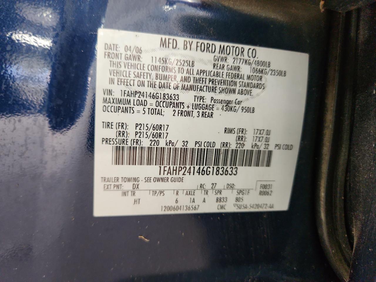 2006 Ford Five Hundred Sel VIN: 1FAHP24146G183633 Lot: 64139005