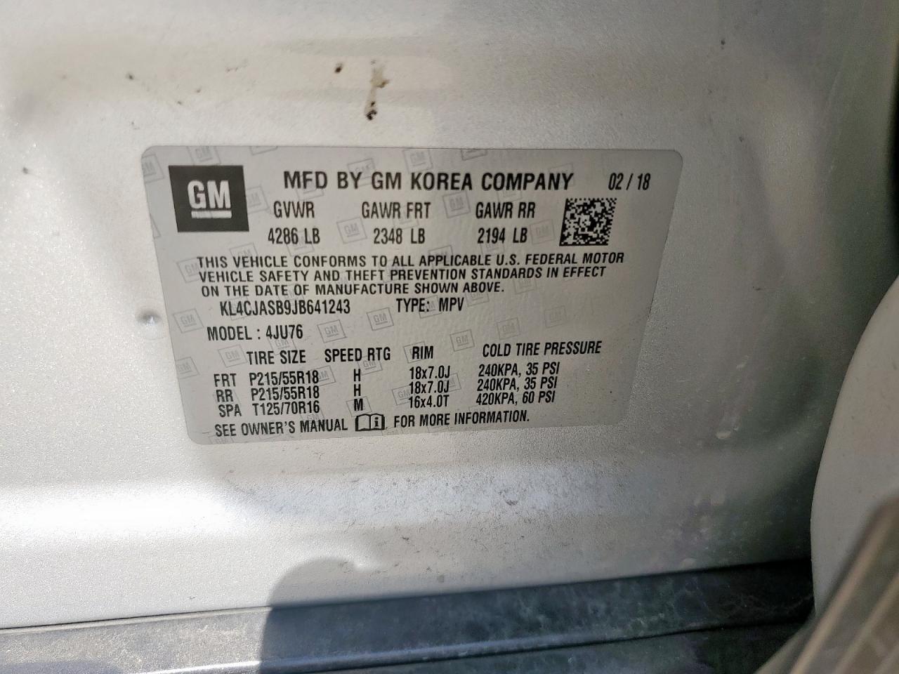 2018 Buick Encore Preferred VIN: KL4CJASB9JB641243 Lot: 63777765