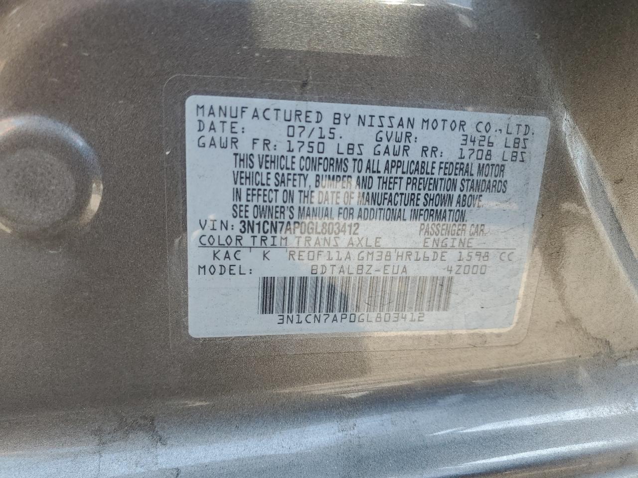 2016 Nissan Versa S VIN: 3N1CN7AP0GL803412 Lot: 64677645