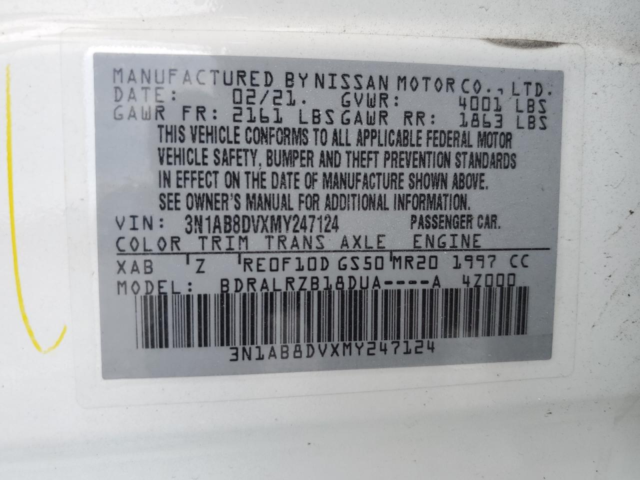 2021 Nissan Sentra Sr VIN: 3N1AB8DVXMY247124 Lot: 65118215