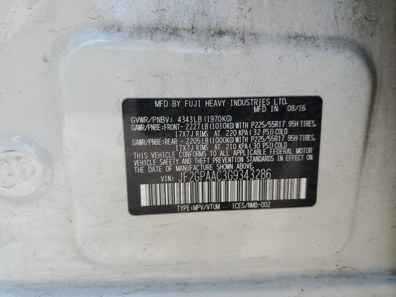 2016 Subaru Crosstrek VIN: JF2GPAAC3G9343286 Lot: 64582625