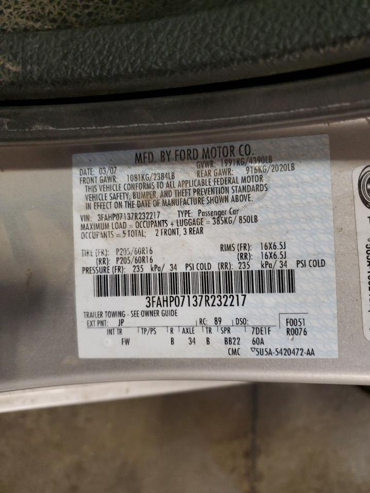 2007 Ford Fusion Se VIN: 3FAHP07137R232217 Lot: 64115265