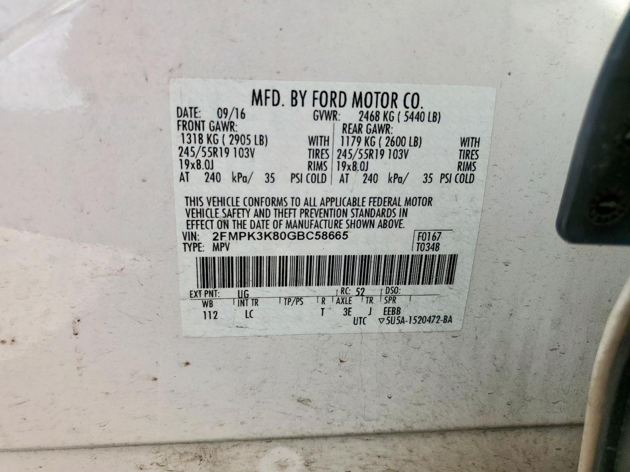 2016 Ford Edge Titanium VIN: 2FMPK3K80GBC58665 Lot: 64477135