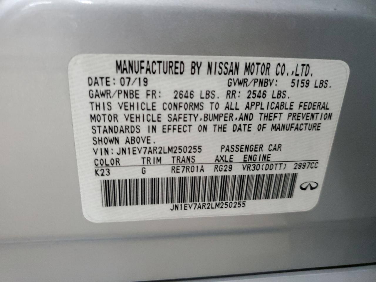 2020 Infiniti Q50 Pure VIN: JN1EV7AR2LM250255 Lot: 65332805