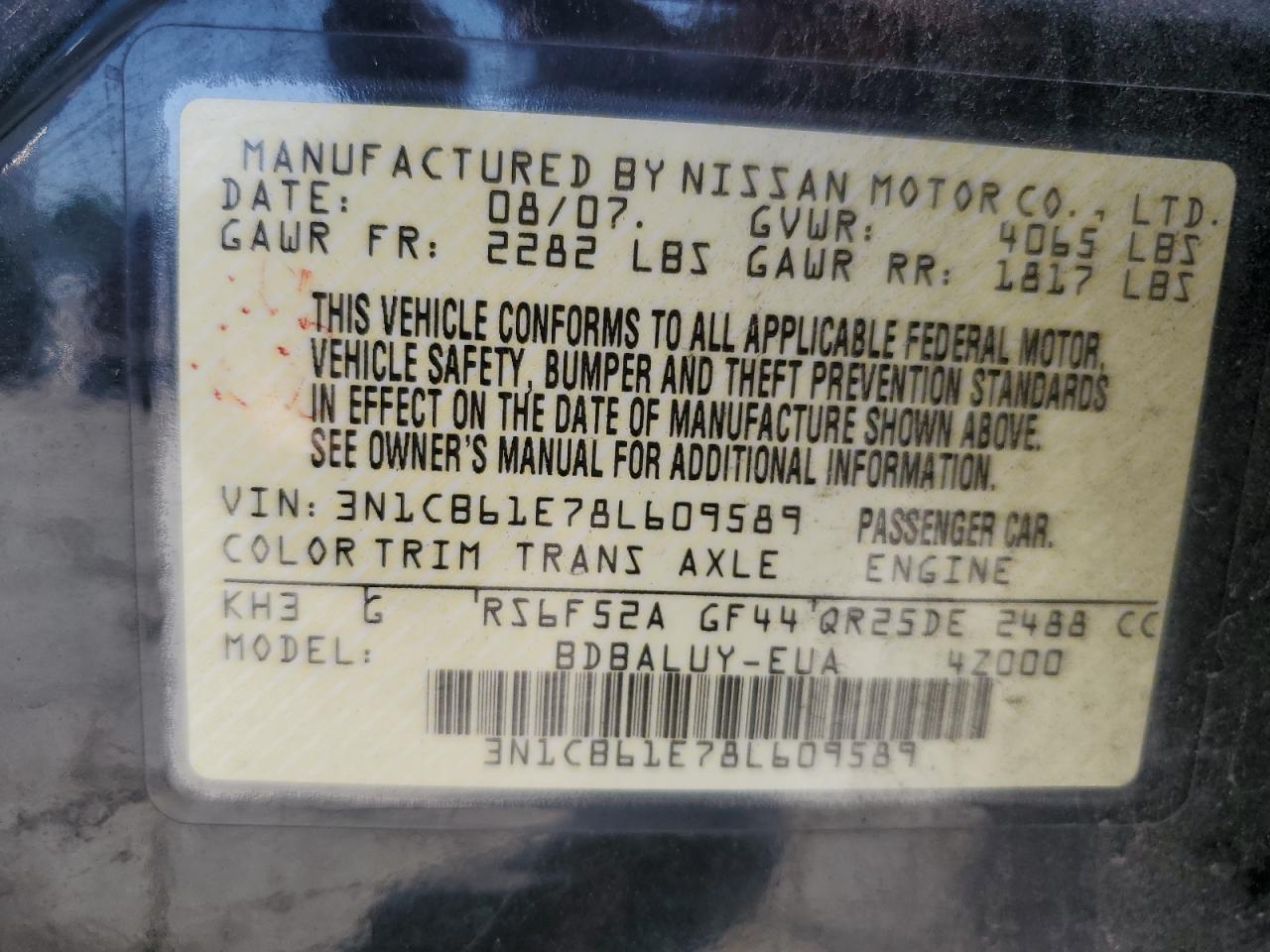 2008 Nissan Sentra Se-R Spec V VIN: 3N1CB61E78L609589 Lot: 63395465