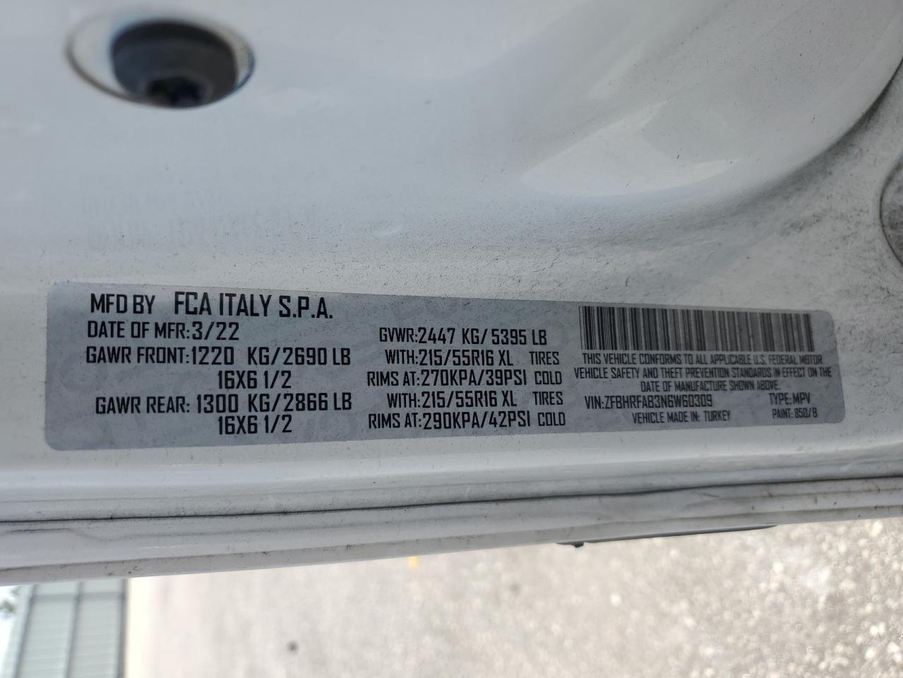 2022 Ram Promaster City Tradesman VIN: ZFBHRFAB3N6W60309 Lot: 63021465