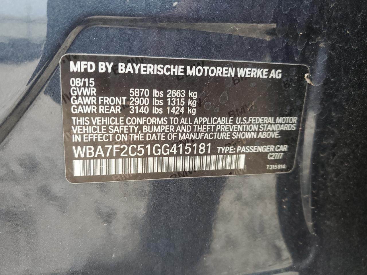 2016 BMW 750 Xi VIN: WBA7F2C51GG415181 Lot: 64988215