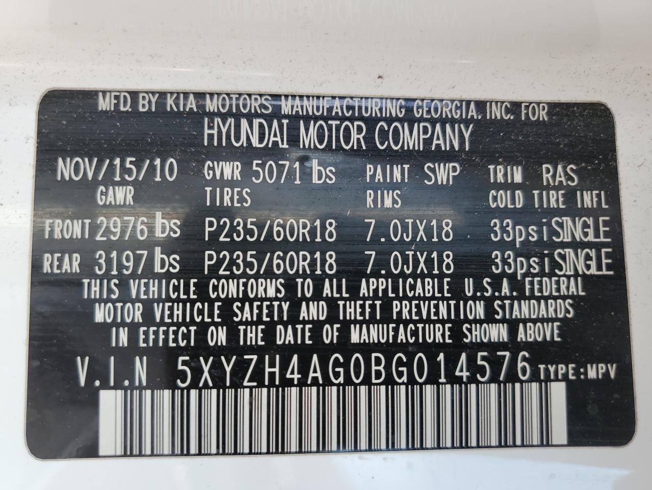 2011 Hyundai Santa Fe Se VIN: 5XYZH4AG0BG014576 Lot: 63314825