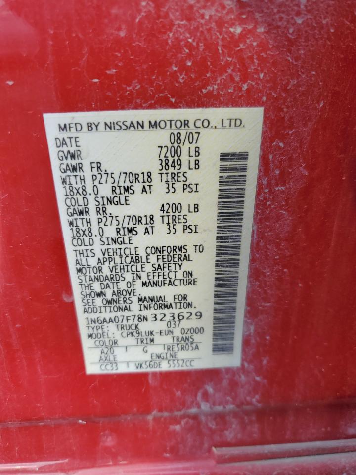 2008 Nissan Titan Xe VIN: 1N6AA07F78N323629 Lot: 67123925