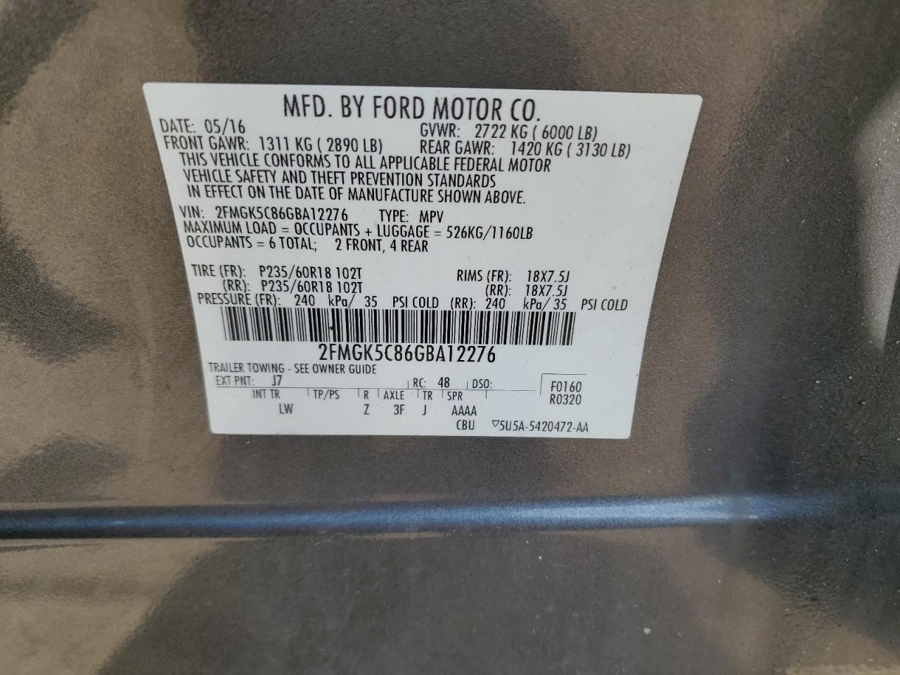 2016 Ford Flex Sel VIN: 2FMGK5C86GBA12276 Lot: 63646735