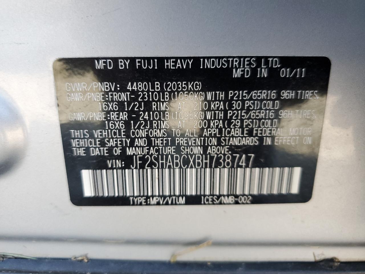 2011 Subaru Forester 2.5X VIN: JF2SHABCXBH738747 Lot: 63090745