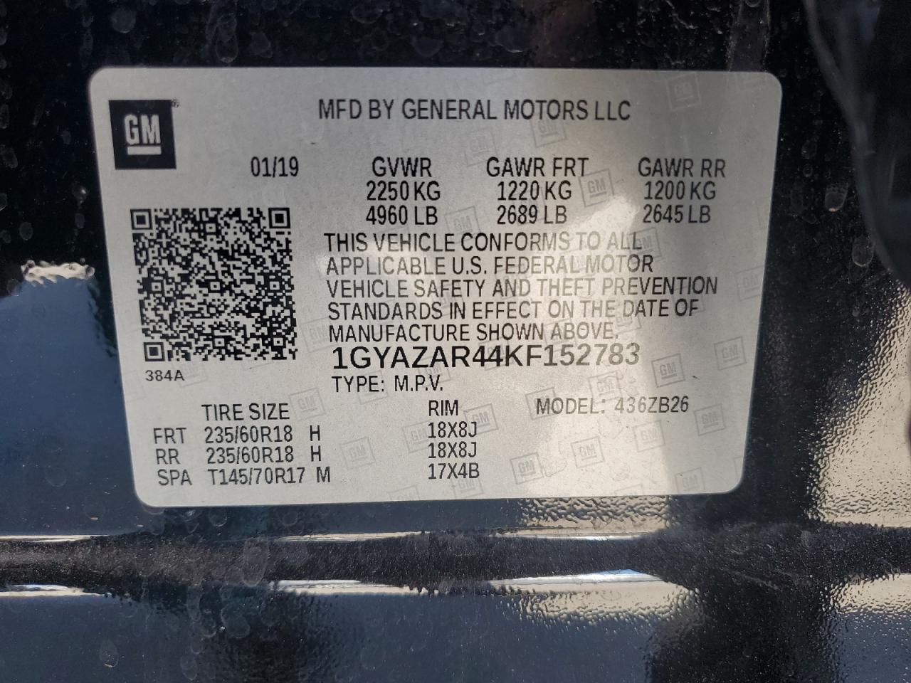 2019 Cadillac Xt4 Luxury VIN: 1GYAZAR44KF152783 Lot: 63126955