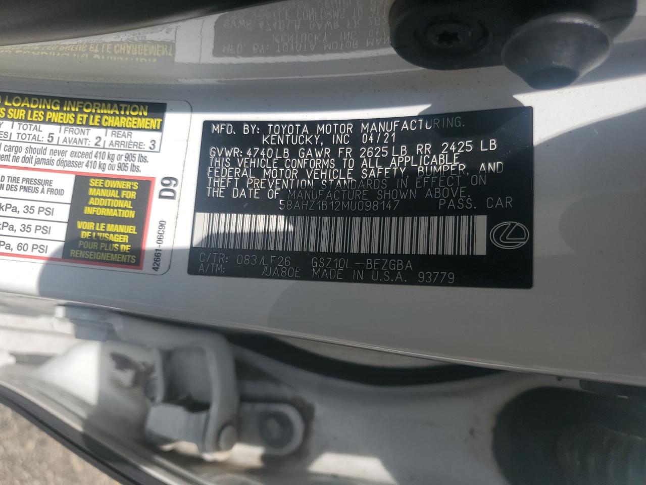 2021 Lexus Es 350 Base VIN: 58AHZ1B12MU098147 Lot: 64572445