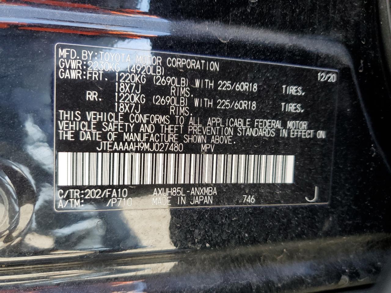2021 Toyota Venza Le VIN: JTEAAAAH9MJ027480 Lot: 62982515