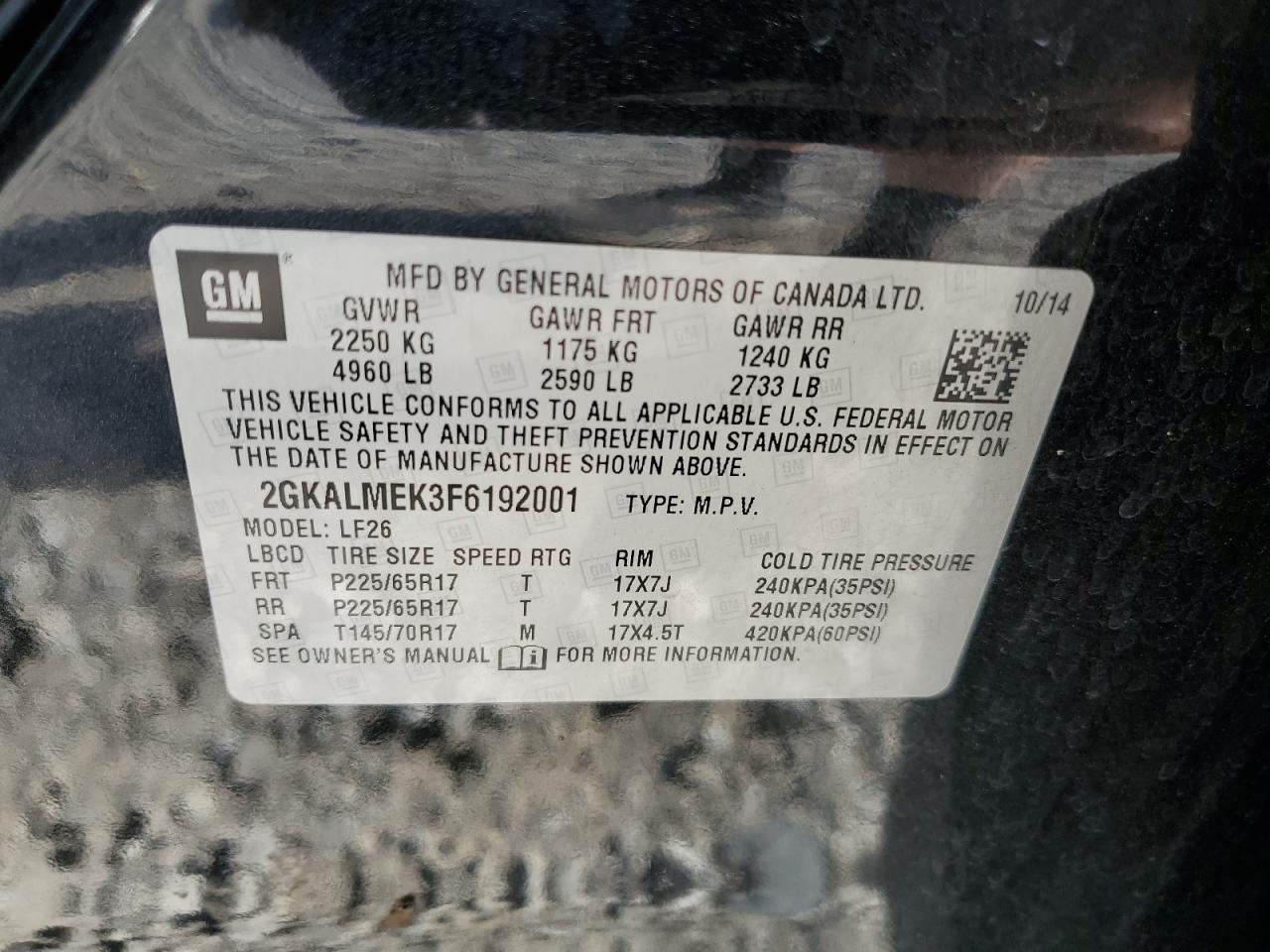 2015 GMC Terrain Sle VIN: 2GKALMEK3F6192001 Lot: 65808475