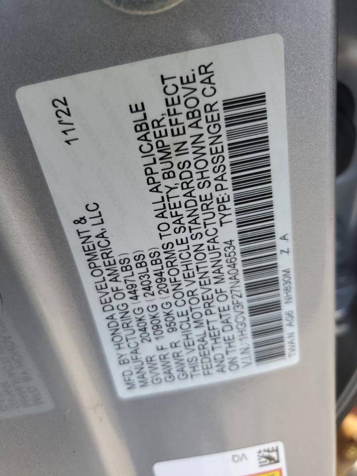 2022 Honda Accord Hybrid Sport VIN: 1HGCV3F27NA046534 Lot: 64642535