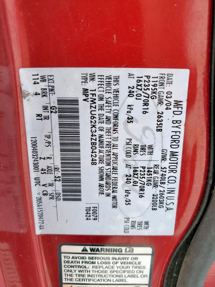 2004 Ford Explorer Xls VIN: 1FMZU62K34ZB04248 Lot: 60594795