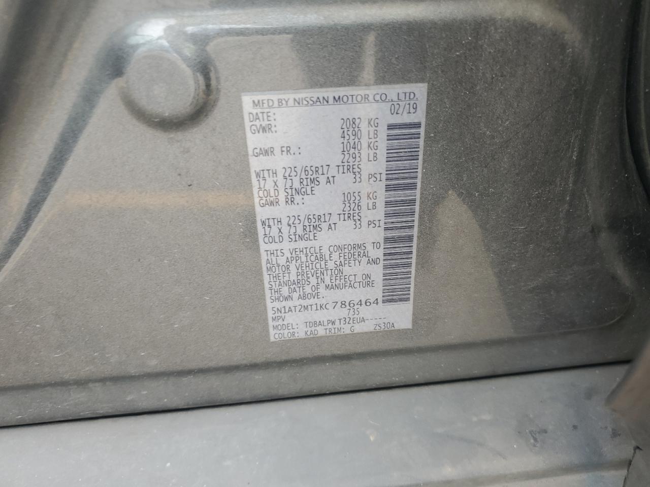 2019 Nissan Rogue S VIN: 5N1AT2MT1KC786464 Lot: 65215885