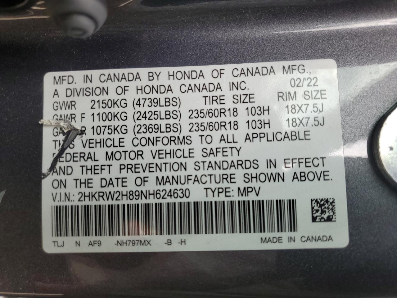 2022 Honda Cr-V Exl VIN: 2HKRW2H89NH624630 Lot: 64190595