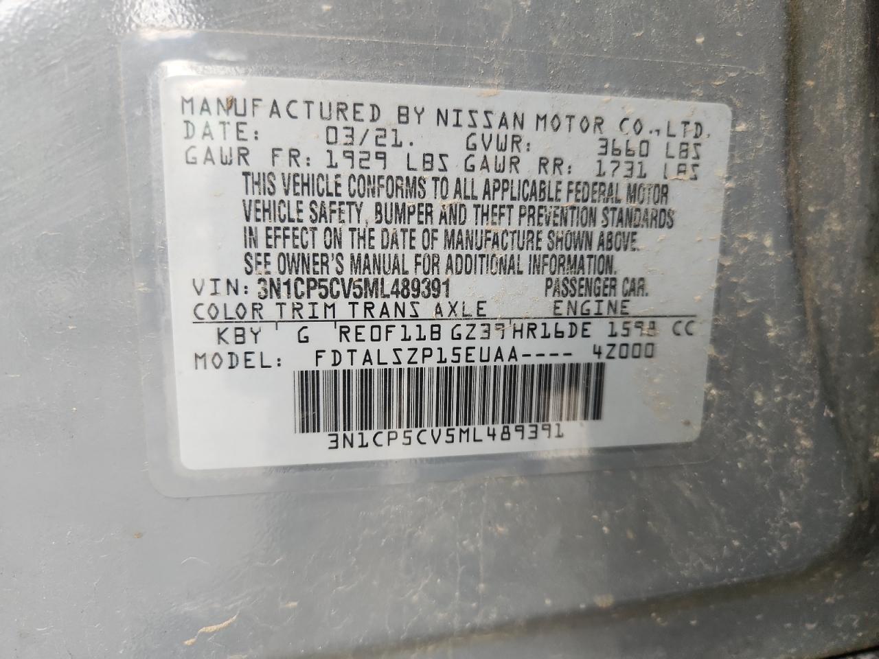 2021 Nissan Kicks Sv VIN: 3N1CP5CV5ML489391 Lot: 63496425