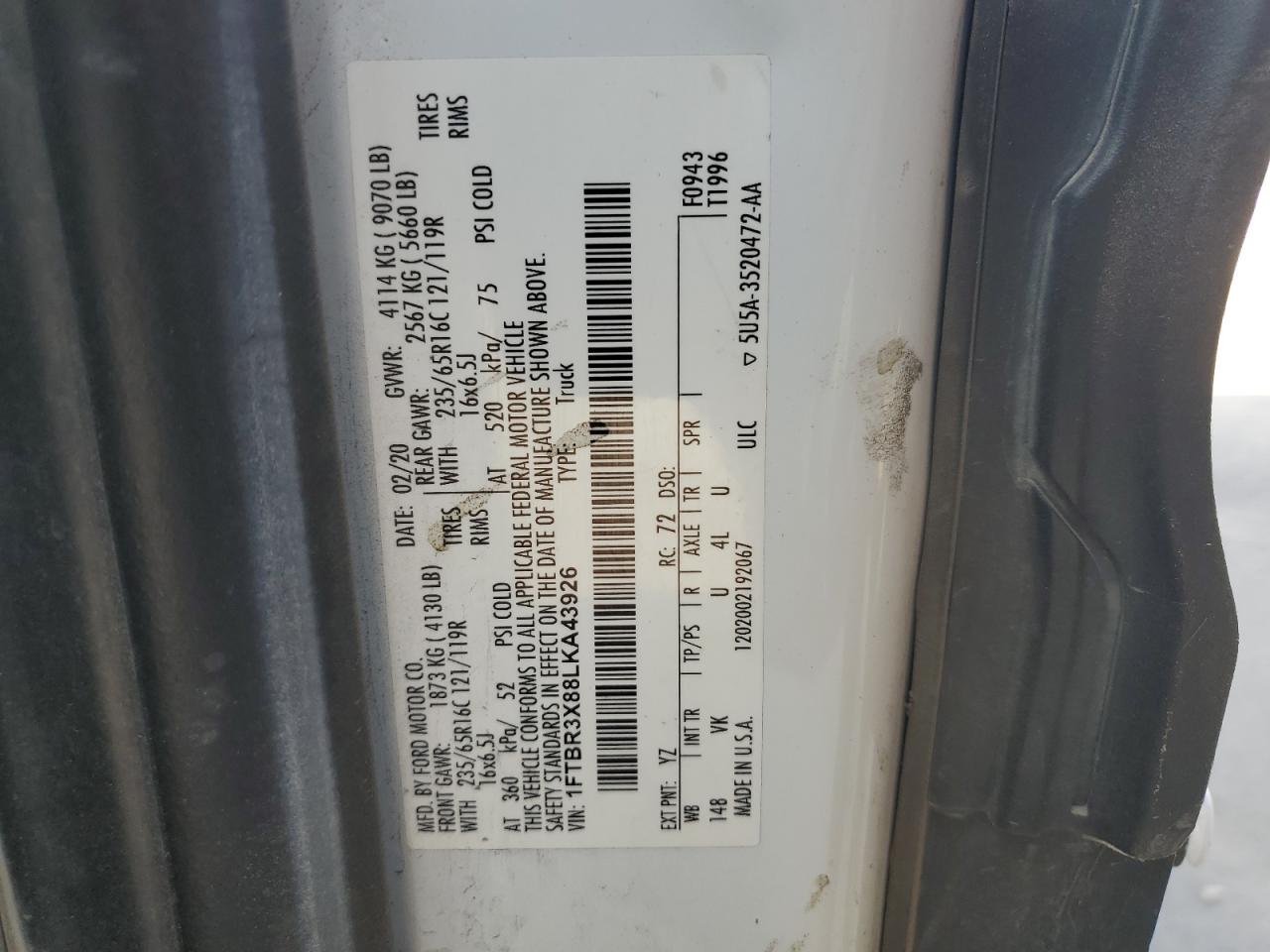 2020 Ford Transit T-250 VIN: 1FTBR3X88LKA43926 Lot: 64515195