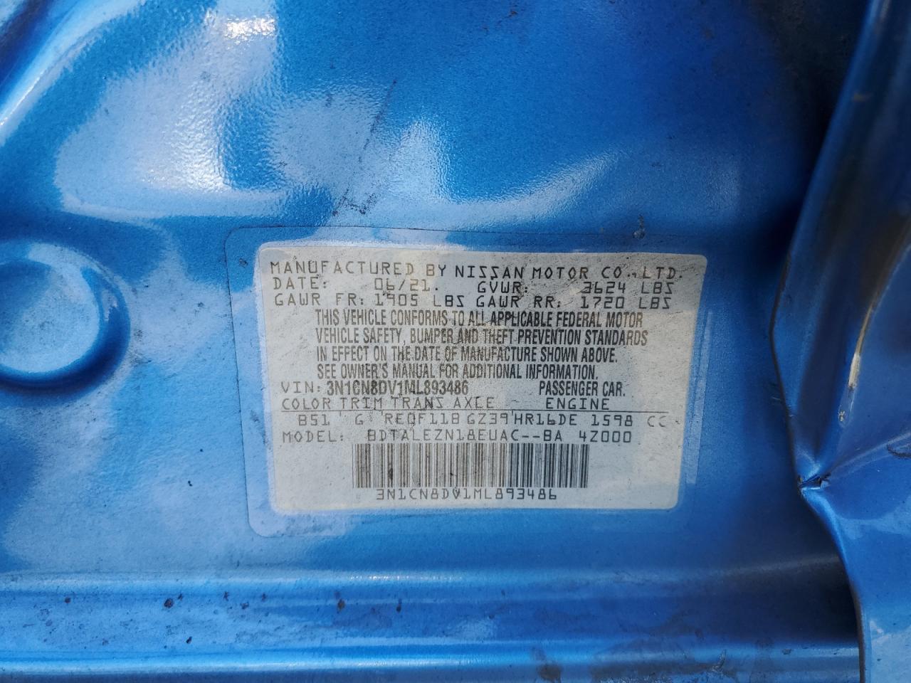2021 Nissan Versa S VIN: 3N1CN8DV1ML893486 Lot: 55846015