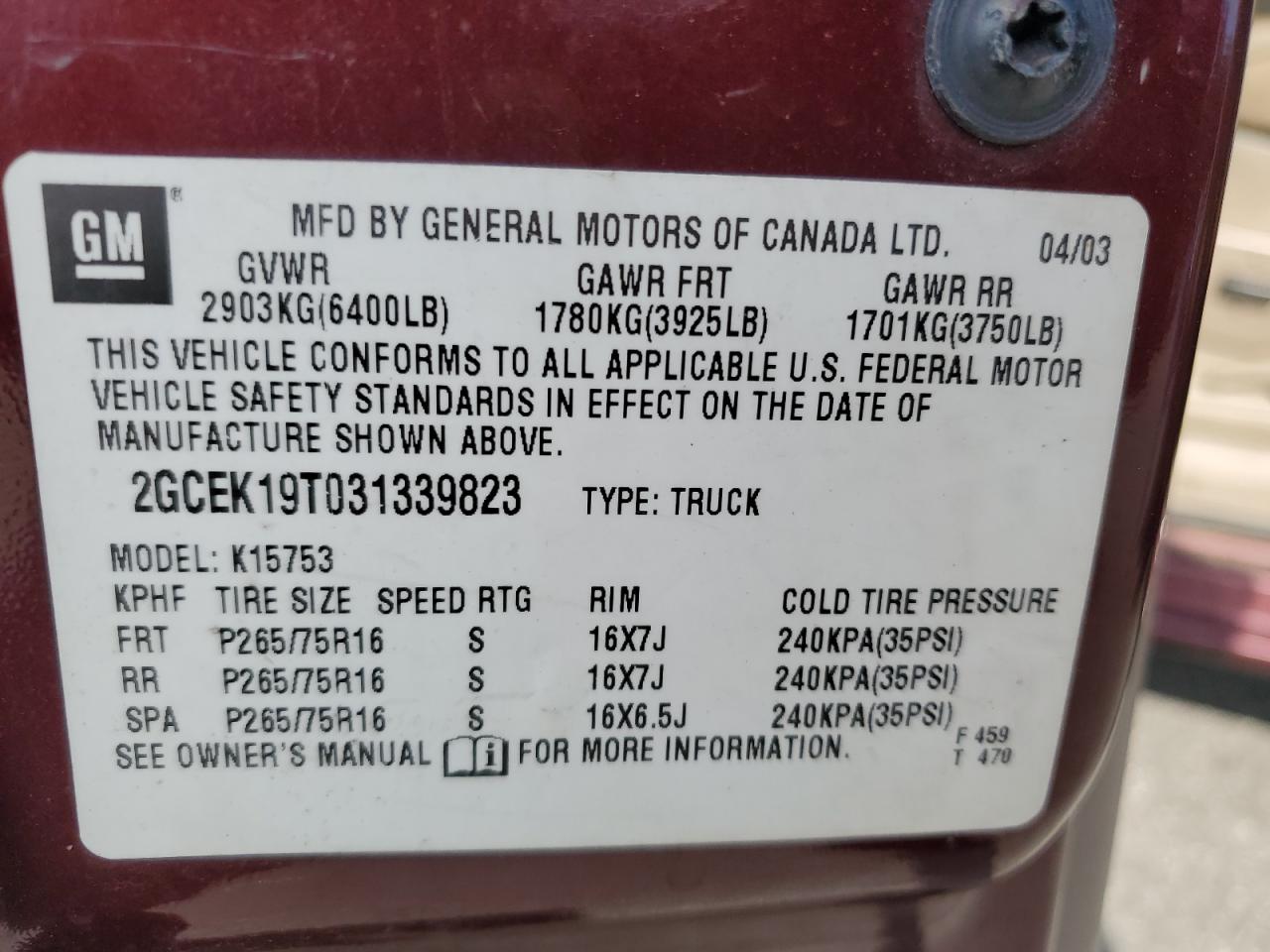 2003 Chevrolet Silverado K1500 VIN: 2GCEK19T031339823 Lot: 64775215