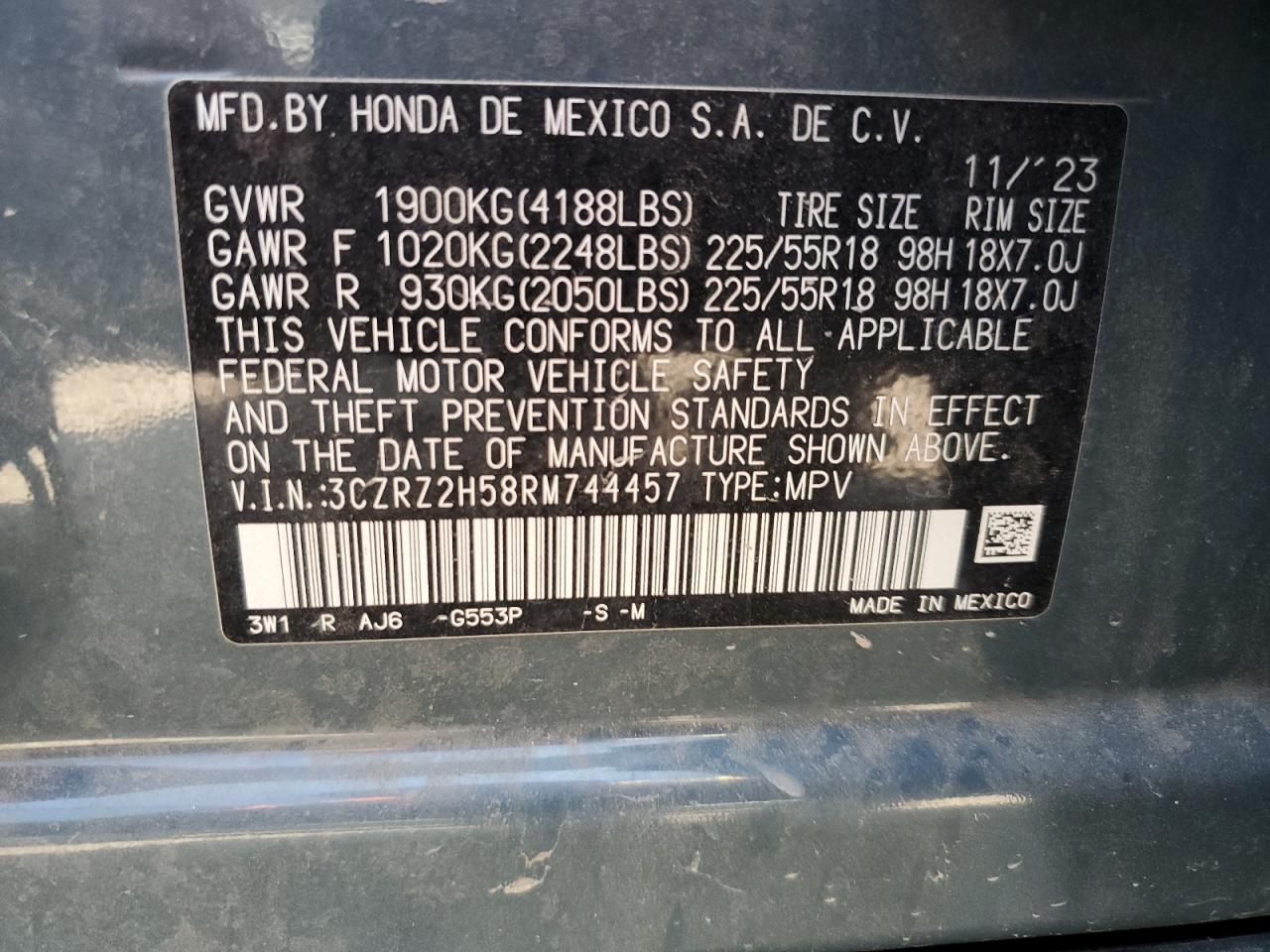 2024 Honda Hr-V Sport VIN: 3CZRZ2H58RM744457 Lot: 64726715