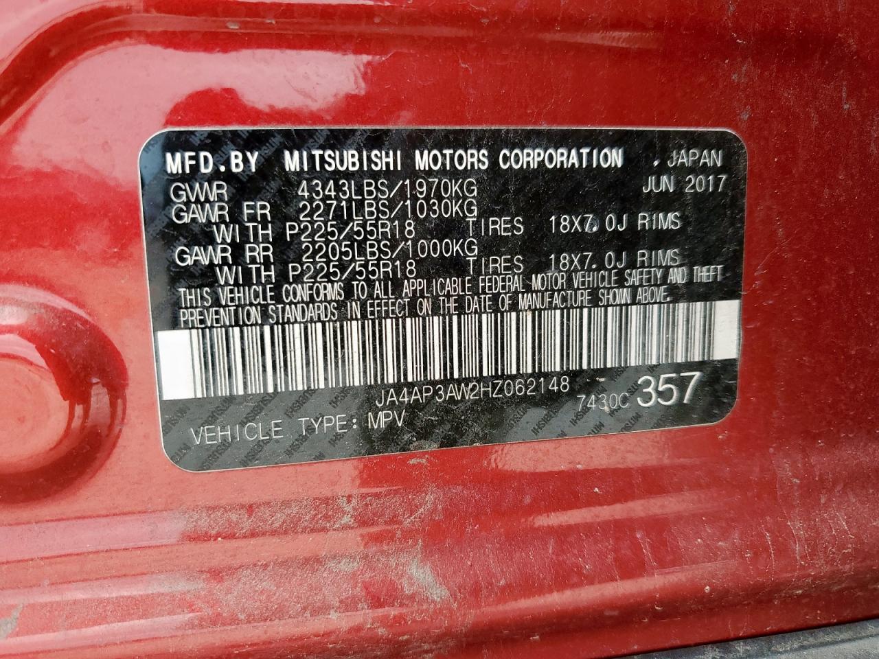 2017 Mitsubishi Outlander Sport Es VIN: JA4AP3AW2HZ062148 Lot: 63771955