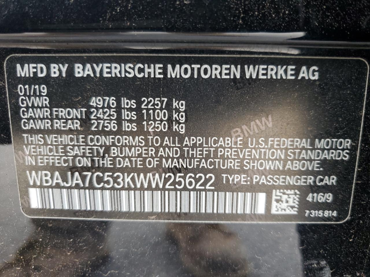 2019 BMW 530 Xi VIN: WBAJA7C53KWW25622 Lot: 64175815