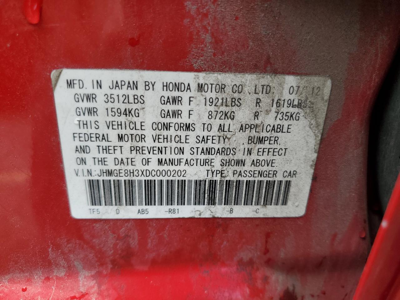 2013 Honda Fit VIN: JHMGE8H3XDC000202 Lot: 63134785